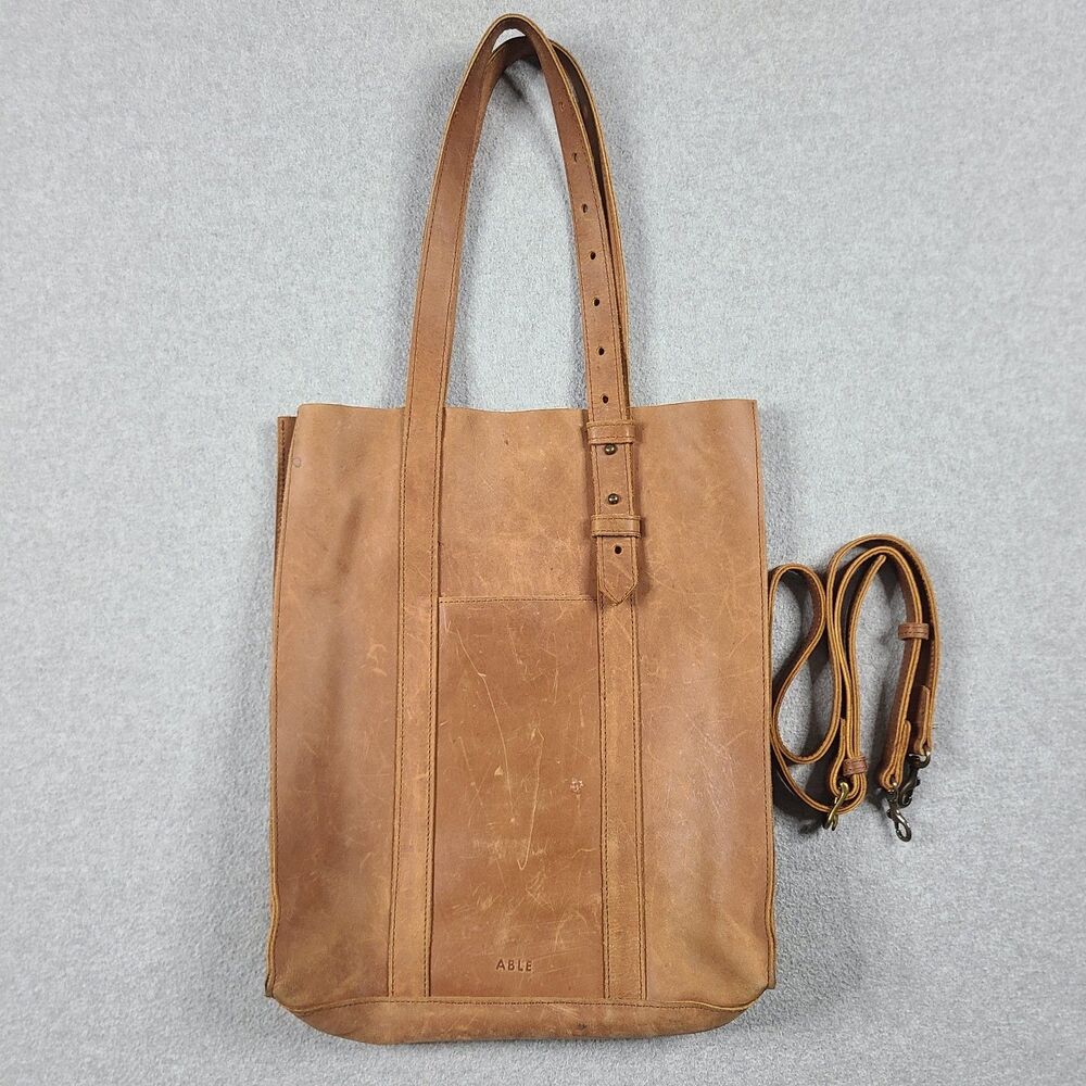 Able Brown Genuine Leather North South Tote Bag With Long Strap